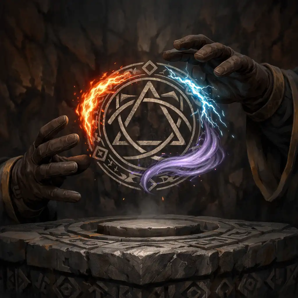 Dłonie maga układające trzy prądy energii w runiczny sigil
